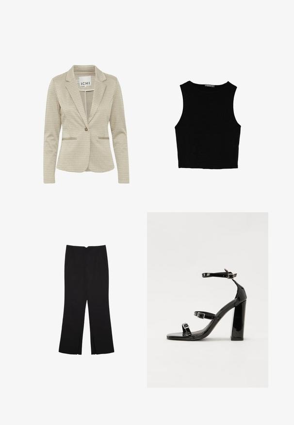 Beige kárované sako s klopovým límcem, zapínáním na jeden knoflík, dvěma předními kapsami a texturovaným povrchem.; Černý bezsleeve crop top vyrobený z hladké tkaniny, s kulatým výstřihem a čistým, jednoduchým designem bez vzorů nebo kovových doplňků.; Černé kalhoty s rovným střihem, s předními kapsami a bočními rozparky na lemu. Vyrobené z jemné, hladké tkaniny. Vhodné na různé příležitosti.; Černé lakované sandály na podpatku se čtveratou špičkou, lýtkovými pásky a stříbrnými přezkami. Disponují masivním blokovým podpatkem pro stabilitu.