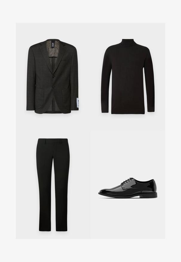 Blazer gris foncé avec un subtil motif à carreaux, deux poches avant et des boutons marron. L'intérieur doublé présente un design texturé.; Pull à col roulé noir en tissu tricoté doux. Présente des manches longues et une coupe cintrée avec un col et un ourlet côtelés. Branding minimal.; Pantalon noir avec une coupe ajustée, présentant une texture lisse et un design à jambe droite. La taille est dotée de passants de ceinture et d'une finition soignée.; Chaussure de dress en cuir verni noir avec un bout arrondi, un design à lacets et une surface lisse et brillante. Dispose d'une semelle en caoutchouc discrète.