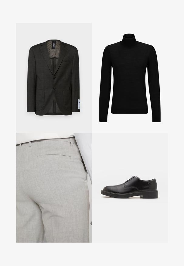 Blazer grigio scuro con un sottile motivo a quadri, due tasche frontali e bottoni marroni. L'interno foderato presenta un design testurizzato.; Maglione a collo alto nero realizzato in materiale morbido, con maniche lunghe e vestibilità aderente. Bordo a coste all'orlo e ai polsini. Design semplice.; Pantaloni sartoriali grigio chiaro realizzati in tessuto strutturato, con una tasca posteriore singola e cuciture pulite.; Scarpa nera in pelle con lacci, punta tonda, texture liscia, cuciture minime e tacco in gomma basso. Logo sul tacco.