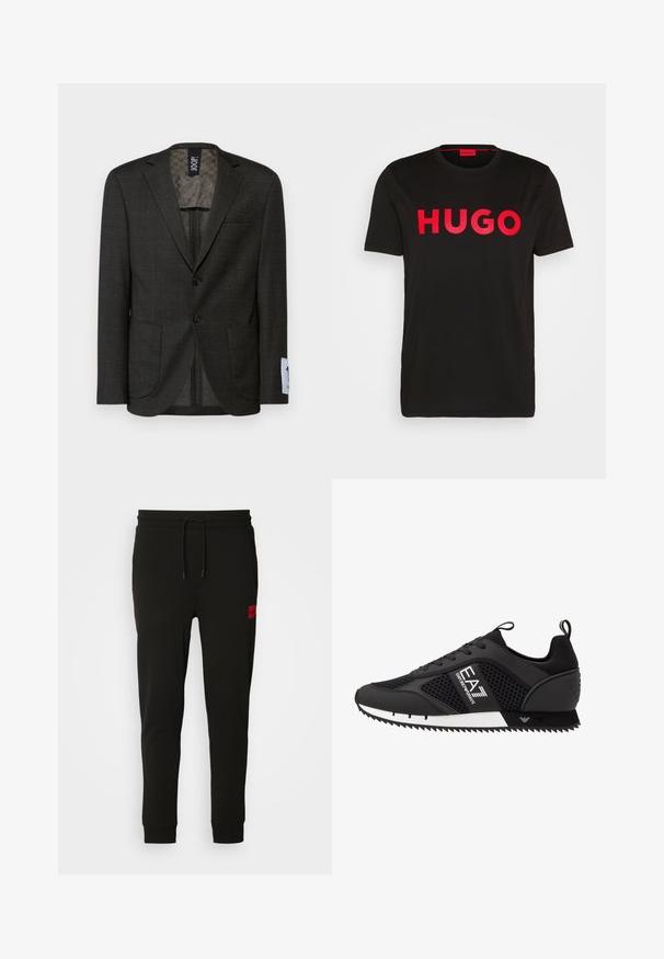 Tamsiai pilkas švarkas su subtilia patikrinta rašti, dviem priekinėm kišenėm ir rudomis mygtukais. Išklota vidinė dalis turi tekstūruotą dizainą.; Juoda medvilninė marškinėliai su ryškiu raudonu „HUGO“ užrašu priekyje, trumpomis rankovėmis, suapvalintu kaklu ir laisvu siluetu.; Juodos sportinės kelnės, pagamintos iš minkštos medžiagos, su raišteliu juosmens srityje, siaura fasonu ir raudonu logotipo ženkleliu kairėje šlaunyje.; EA7 Emporio Armani LACES UNISEX - Sportbačiai - black/white