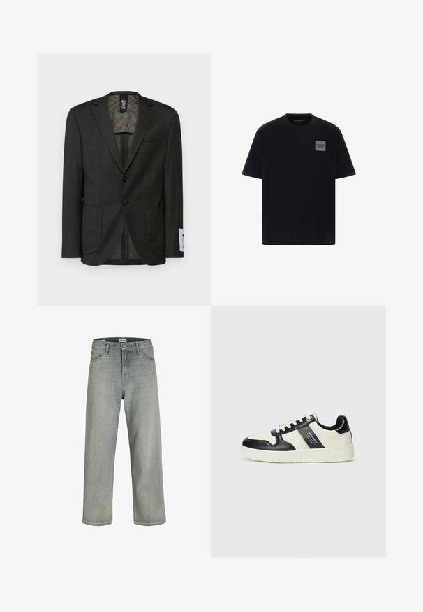 Czarny marynarka w ciemnoszarym kolorze z delikatnym wzorem w kratę, dwoma przednimi kieszeniami i brązowymi guzikami. Podszewka ozdobiona fakturowanym wzorem.; Czarna bawełniana koszulka z krótkim rękawem, z prostokątną szarością naszywką z logo po lewej stronie klatki piersiowej. Projekt z okrągłym dekoltem, gładka tekstura.; Jasnoszare, luźne dżinsy wykonane z denimu. Posiadają klasyczny pięcio-kieszeniowy krój, szlufki na pasek oraz prostą nogawkę.; Skórzane sneakersy w czarno-kremowym schemacie kolorystycznym, z perforowanymi akcentami, wyściełanym kołnierzem i teksturowaną podeszwą.
