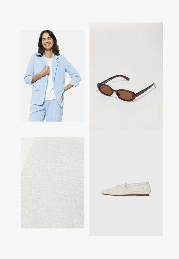 Světle modrý blejzr vyrobený z měkké tkaniny, se zapínáním na jeden knoflík, klopovými límci a dvěma předními kapsami, k tomu bílý top.; Halenka s dlouhým rukávem v krémové barvě, s mírným řasením po stranách a klasickým límcem. Hladká textura, jednoduchý design.; Bílé lněné tkaniny s texturovanou vazbou, s mírně neprůhledným vzhledem a přírodními nepravidelnostmi v celém materiálu.; Béžové síťované baletní boty s špičatou špičkou a nastavitelným páskem. Mají texturovaný svršek a plochou hnědou podrážku.; Kulaté sluneční brýle hnědé barvy s lesklým burgundským rámem. Úzké nožičky s jemným logem. Rovné čočky.; Hnědá pletená kožená kabelka s uvolněným trojúhelníkovým tvarem. Disponuje spleteným uchem a zipovým uzavíráním na vrchu.