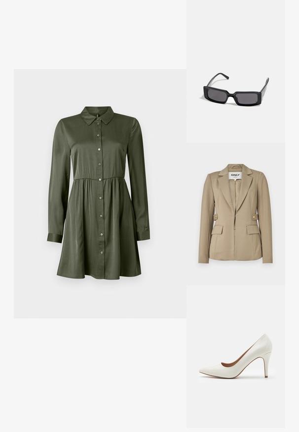 Smilškrāsas pielāgotais žakets, izgatavots no gludas auduma, ar vienu pogu, divām priekšējām kabatām un zeltainiem pogām aksesuāriem.; Olīvu zaļš garā piedurkne ar pogām pie krūtīm, ar pieguļošu jostu un apkakli, nedaudz izsistā svārku daļa un piekārtinātas piedurknes.; Balti lakoti ādas augstpapēžu kurpes ar smailu purngalu un gludu virsmu, ar plānu papēdi un zemu griezumu ap atveri.; Melni saulesbrilles ar taisnstūra rāmjiem, tumšiem stikliem un gludu, spīdīgu apdari. Rāmjiem ir plānas kājas ar izsmalcinātu zīmolu uz sāniem.; Michaela Korsa rokassomi bez̦ā īšojuma, kas izgatavota no apklāta kanvas, iekļaujot atkārtotu MK logotipa rakstu, zelta aparatūru un noņemamu ķēdes siksnu.