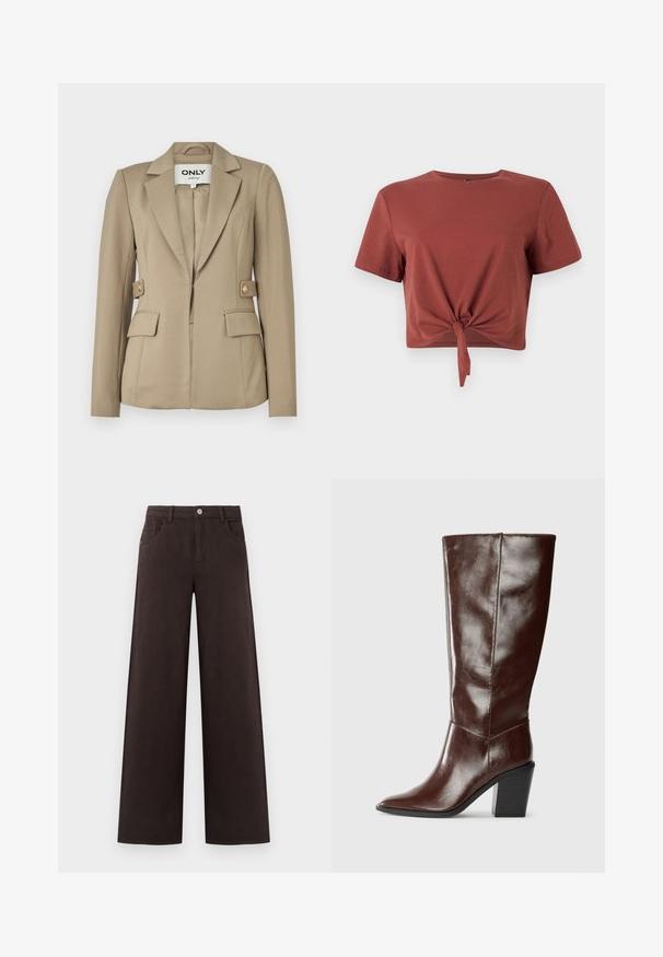 Beige tailored blazer made of smooth fabric with a single-button closure, two front pockets, and gold-tone button accents.; Rust-colored cropped t-shirt in soft cotton with short sleeves and a knotted front detail. Smooth texture, round neckline.; Wide-leg trousers in dark brown cotton fabric. Features a button closure and front pockets, with a smooth texture and clean lines.; Tall dark brown leather boot with a pointed toe and stacked block heel, shown from the side on a plain background.