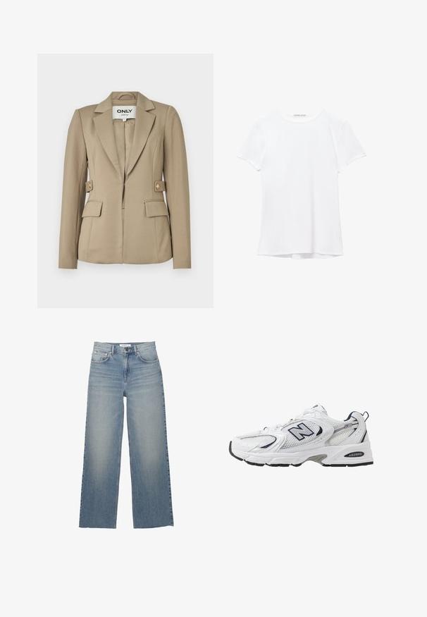 Bežový sak s presným strihom vyrobený z hladkej tkaniny so zapínaním na jeden gombík, dvoma prednými vreckami a akcentmi zlatého tónu na gombíkoch.; Biela tričká s krátkym rukávom vyrobené z hladkej tkaniny, s okrúhlym výstrihom a jemnými švami na leme.; Svetlomodré nohavice s širokými nohavicami vyrobené z denimu, s vysokým pásom, prednými vreckami a zapínaním na gombík. Hladká textúra s vyblednutými oblasťami.; Biele športové topánky s priedušným vrchným materiálom, námorníckymi akcentmi a polstrovanou podrážkou. Obsahujú logo "N", šnúrky a textúrovaný detail na boku.