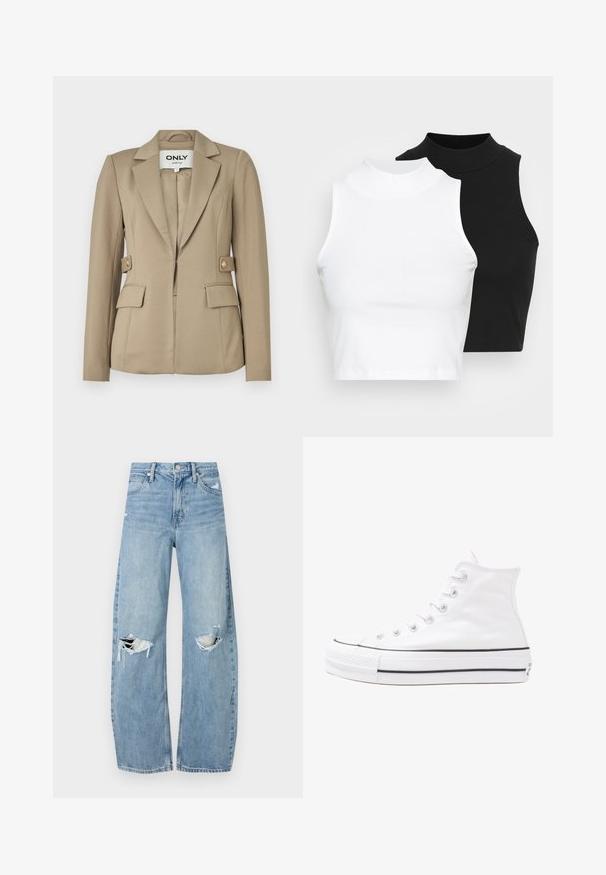 Bežistatud bleiser, mis on valmistatud siledast kangast, üheinimese nupp, kaks esikot ja kuldse tooni nupud.; Kaks musta ja valget ilma varrukat ribikrae topi, millel on sobiv disain ja sile tekstuur, ning lühikesed pikkused.; Heledad hallideega sinised teksad, millel on kõrge talje. Teksade jalgadel on lai alus, kaks rebitud kohta põlvede ümber ning klassikaline viie tasku stiil.; Valge kõrgem kangast tenniseking, millel on must kummist tald, ees kummist varvasetugi ja kuus aukku paelte jaoks, pakkudes puhta ja minimalistliku disaini.