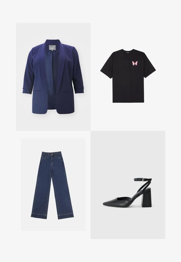 ONLY Carmakoma CARELLY 3/4 LIFE TLR NOOS - Bleizeris - evening blue; Juodas medvilnės marškinėliai trumpomis rankovėmis, su maža rožine drugelio grafika kairėje krūtinės pusėje. Apvalus kaklo iškirpimas, laisvas kirpimas.; Plati džinsai tamsiai mėlynos denimo. Yra penki kišenės, diržo kilpos ir apatinė briauna su matomais siuvimo detalėmis.; Juoda odinė smailiagalė aukštakulnio bateliai su kulkšnies dirželiu ir storu kulnu. Lygus paviršius, elegantiškas dizainas ir minimalistiška estetinė.