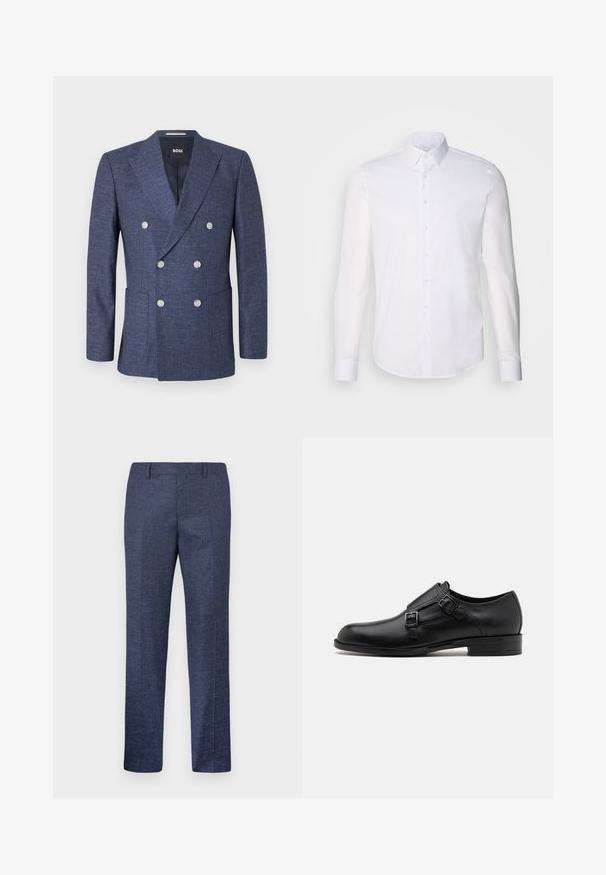 Dvojno zapenjanje mornarsko modrega blazerja iz teksturiranega materiala s srebrnimi gumbi, zareznimi klapami in dvema sprednjima žepoma.; Bela srajca z dolgimi rokavi in gumbom, izdelana iz bombaža, z klasičnim ovratnikom, sprednjimi gumbi in minimalnimi šivi.; Temno modri hlače iz teksturiranega blaga, s pravimi nogami, ravnim sprednjim delom in dvema stranskima žepoma. Brez vidnih vzorcev ali akcentov.; Črne usnjene oblečne čevlje z dvema sponkama, elegantna silhueta in okrogla nos. Imajo nizek peto in gladko teksturo.