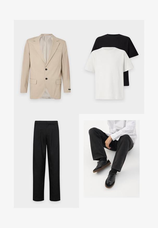 Μπεζ σακάκι με κλείσιμο δύο κουμπιών, γιακά με νότες, μπροστινές τσέπες και μία τσέπη στο στήθος. Λείο ύφασμα με κομψή γραμμή.; Σετ βαμβακερών μπλούζων με σκούρο μπλουζάκι και λευκό μπλουζάκι, και τα δύο με κοντά μανίκια, στρογγυλή λαιμόκοψη και κανονική εφαρμογή. Υφασμάτινη υφή.; Μαύρο παντελόνι από λείο ύφασμα, με ίσια γραμμή, δύο μπροστινές πιέτες και κανονική μέση με θηλιές ζώνης.; Μαύρα αθλητικά παπούτσια με λείο και υφασμάτινο πάνω μέρος, διαθέτοντας καουτσούκ σόλα και σκούρες κορδόνες. Συνδυασμένα με μαύρα τζιν και λευκό πουκάμισο με ρίγες.