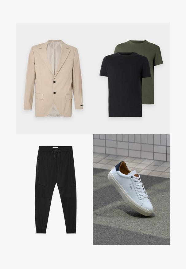 Beige blézer két gombos záródással, hajtott gallérral, elülső zsebekkel és egyetlen mellzsebbel. Simító anyag, testhez álló szabással.; Két crew neck póló fekete és olíva zöld színben, puha pamut anyagból. A design egyszerű, rövid ujjú és egyenes szabású.; Fekete sportnadrág texturált anyagból, állítható derékkal, cipzáras oldalzsebbel és szűkített szegéllyel.; Fehér bőr sneaker sötétkék sarkúval, kerek orral és kontrasztos barna részletekkel. Lapított fűzőkkel és textúrált gumitalppal rendelkezik.