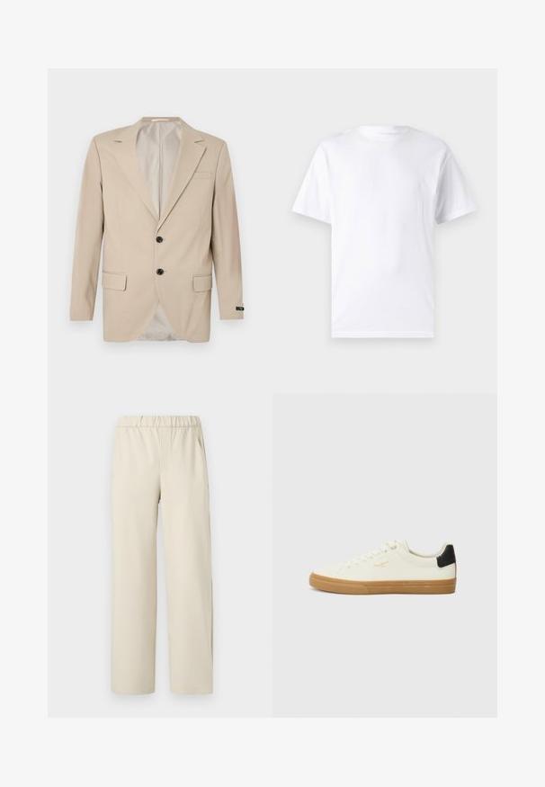 Bežs bleizers ar divu pogu aizdari, iemaukti lapiņas, priekšējās kabatas un viena krūšu kabata. Gluda auduma ar pieguļošu piegriezumu.; Balts īsajiem piedurknēm T-krekls no kokvilnas ar apaļu dekoltē, ar gludu tekstūru un vienkāršu dizainu, bez rakstiem vai akcentiem.; Beige platīnu bikses ar elastīgu jostasvietu, izgatavotas no mīksta auduma. Iespējam gluda tekstūra un nav redzamu rakstu vai apdari.; Baltas kanvas sporta apavas ar gumijas zoli, melna papēža akcentu, apaļo purngalu un ar auklām savelkamu dizainu. Uz sāna ir zeltītā krāsā atveidotais zīmola logo.