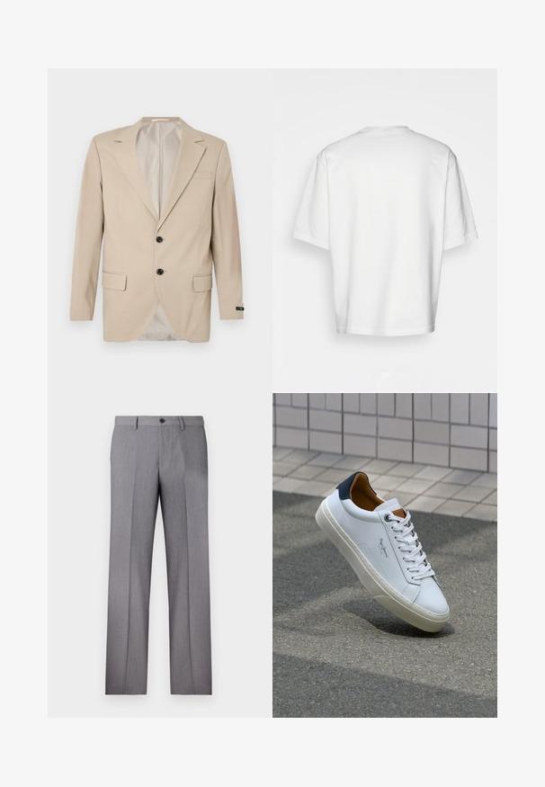 Beige blazer met een sluiting met twee knopen, notch-lapels, zijzakken en een enkele borstzak. Gladde stof met een getailleerde pasvorm.; Wit, kort mouw T-shirt met een ronde halslijn, gemaakt van katoen. Eenvoudig ontwerp, zonder patronen of accenten, gezien van achteren.; Grijze op maat gemaakte broek met een platte voorkant, twee zijzakken en een enkele knoopsluiting. Glad textuur met een subtiel streepjespatroon.; Witte leren sneaker met een marineblauwe hiel, ronde neus en contrasterende bruin accent. Beschikt over platte veters en een gestructureerde rubberen zool.