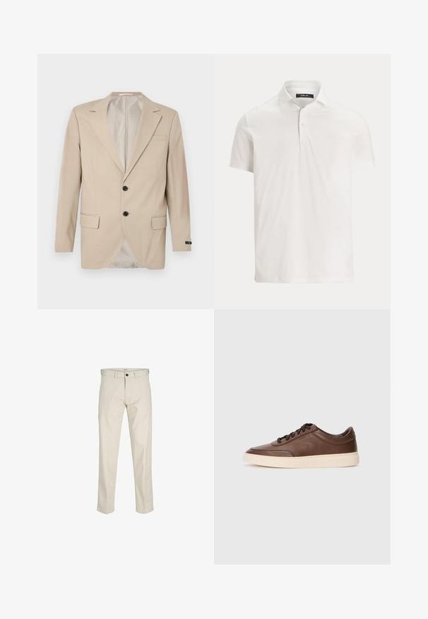 Bež blazer s dvostrukim kopčanjem, s izrezanim reverima, prednjim džepovima i jednim džepom na prsima. Glatka tkanina s krojenim krojem.; Muška bijela polo majica s kratkim rukavima, ovratnikom, s dva gumba i suptilnom logotipom na unutarnjem dijelu ovratnika.; Biege pamučne hlače ravnog kroja, s dugmetom na kopčanju, prednjim džepovima i ušivenim šavovima. Glatka tekstura, minimalne detalje i bez uzoraka.; Smeđe kožne tenisice s glatkom površinom, okruglim vrhom i krem gumenom potplatom. Imaju crne vezice i suptilni brend na strani.
