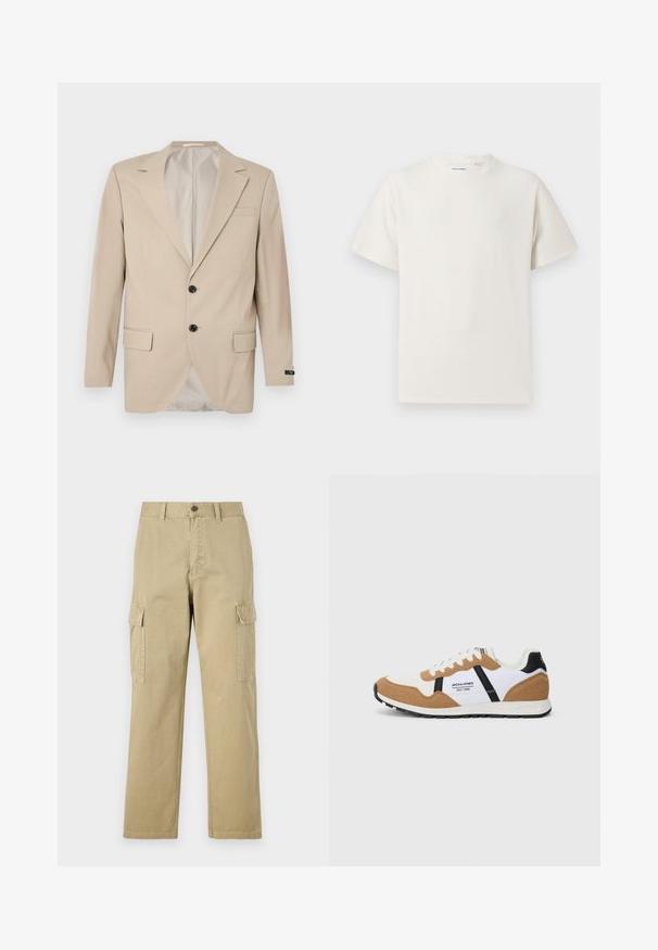 Blazer bege com fecho de dois botões, lapelas recortadas, bolsos frontais e um único bolso no peito. Tecido suave com um corte ajustado.; T-shirt branco de manga curta em textura canelada. Gola redonda, ajuste descontraído, sem padrões ou detalhes visíveis. Design simples e versátil.; Calças cargo bege feitas de algodão, com dois bolsos laterais, fecho de botão e pernas retas com um tecido ligeiramente texturizado.; Sapatilha de estilo retro com parte superior em suede branco e bege, detalhes em preto, atacadores brancos e logo "Jack & Jones EST. 1990" na lateral.