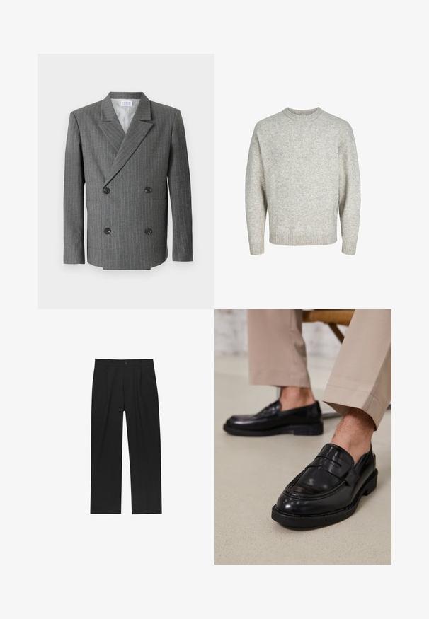 Libertine-Libertine PUBLIC - Giacca - dark grey; Maglione grigio chiaro a maglia con scollo rotondo, spalle scese e polsini a costine, caratterizzato da una superficie texturizzata e leggermente pelosa.; Camicia bianca a maniche lunghe realizzata in tessuto morbido con chiusura a bottoni. Presenta un colletto classico e bottoni color ottone lungo la parte anteriore.; Pantaloni neri con un design a gamba dritta, realizzati in un tessuto liscio. Presentano pieghe frontali e una chiusura a un bottone in vita.; Mocassini in pelle nera con finitura liscia, dotati di una cintura decorativa e cuciture a contrasto, abbinati a pantaloni beige.