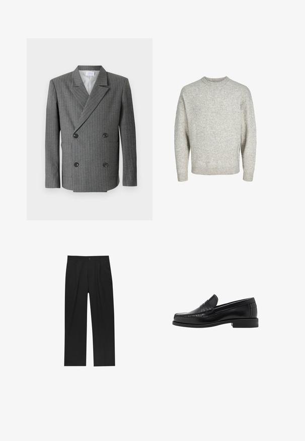 Libertine-Libertine PUBLIC - Sakko - dark grey; Hellgrauer gestrickter Pullover mit Rundhalsausschnitt, überschnittenen Schultern und gerippten Bündchen, der eine strukturierte, leicht flauschige Oberfläche aufweist.; Weißes Langarmhemd aus glattem Stoff mit durchgehender Knopfleiste. Verfügt über einen klassischen Kragen und messingfarbene Knöpfe entlang der Knopfleiste.; Schwarze Hose mit geradem Schnitt, aus einem glatten Stoff gefertigt. Verfügt über Vorderfalten und einen einzelnen Knopfverschluss an der Taille.; Schwarze Lederloafer mit glatter Oberfläche, genähten Details an der Zehe und einem flachen Absatzdesign für Komfort und Stil.