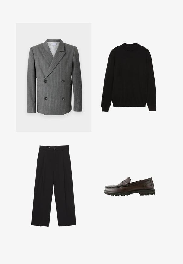 Libertine-Libertine PUBLIC - Sakko - dark grey; Schwarzer Strickpullover mit hohem Kragen, langen Ärmeln sowie gerippten Bündchen und Saum; glatte Textur, klassischer Schnitt und einfarbiges Design.; Schwarze weit geschnittene Hose aus glattem Stoff, mit flachem Taillenbund, vorderen Falten und einer einzigen Knopfverschlus.; Braune Lederloafers mit Mokassinzehen, detaillierter Naht und strukturiertem Gummisohle für Grip. Minimalistisches Design und klassische Form.