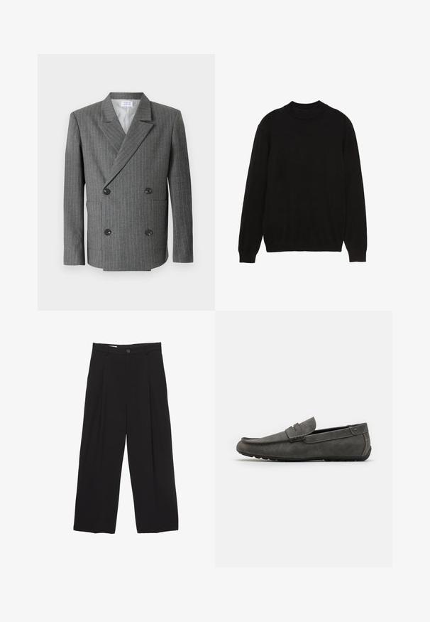 Libertine-Libertine PUBLIC - Blazer jacket - dark grey; Black knit sweater with a high collar, long sleeves, and ribbed cuffs and hem; smooth texture, classic fit, and solid color design.; Black wide-leg trousers made from smooth fabric, featuring a flat waistband, front pleats, and a single button closure.; Gray suede loafer with a rounded toe, stitched detailing, and flat rubber sole. The shoe has a smooth texture and a front strap accent.