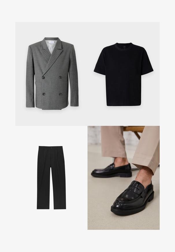 Libertine-Libertine PUBLIC - Sakko - dark grey; Schwarzes Baumwoll-T-Shirt mit Rundhalsausschnitt, kurzen Ärmeln und geradem Schnitt. Minimale Nähte und eine weiche, glatte Textur.; Schwarze Hose mit geradem Schnitt, aus einem glatten Stoff gefertigt. Verfügt über Vorderfalten und einen einzelnen Knopfverschluss an der Taille.; Schwarze Lederloafers mit glatter Oberfläche, ausgestattet mit einem dekorativen Riemen und Kontrastnähten, kombiniert mit beigen Hosen.