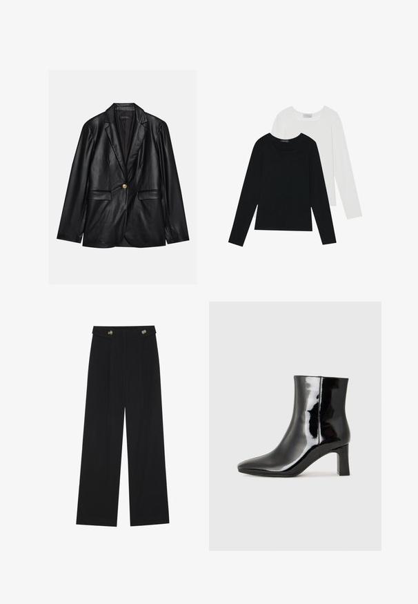 Melnas ādas žakete ar ieliektām atlokām, vienu zelta pogu aizdari, divām priekšējām kabatām un gludu apdari. Iekšējā odere ir tumša.; Divi ilgiem piedurknēm tops, viens melns un otrs balts, abiem ir kvadrāta izgriezums un tie ir izgatavoti no mīksta, elastīga auduma.; Melnas platās bikses ar augstu jostasvietu, pogu detaļām uz jostas un priekšējām krokām.; Melnas patentētas ādas potīšu zābaki ar norādītu pirkstu un vidēja augstuma kvadrātveida papēdi. Gluda tekstūra un minimālisma dizains.