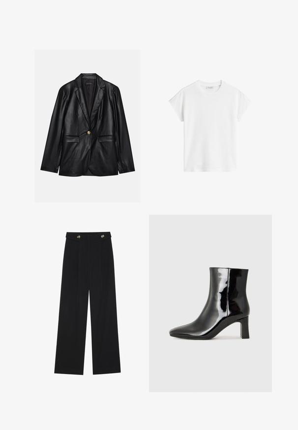 Crni kožni sako s urezanim reverom, zatvaranjem na jedan zlatni gumb, dva prednja džepa i glatkom završnom obradom. Unutrašnja podstava je tamna.; Bijela kratka majica s kratkim rukavima izrađena od pamuka. Ima ležeran kroj s okruglim izrezom i malo spuštenim šavovima na ramenima. Bez uzoraka ili ukrasa.; Crne hlače širokih nogavica s visokim strukom, s dugmadi na pojasu i prednjim nabora.; Crne lakirane kožne gležnjače s šiljastim prstom i srednje visokom blok petom. Glatka tekstura i minimalistički dizajn.