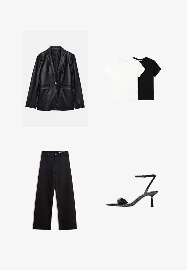 Fekete bőr blézer, kihajtott gallérral, egyetlen arany gombbal záródik, két elülső zsebbel rendelkezik, és sima felülettel bír. Belső bélése sötét színű.; Két rövid ujjú póló, az egyik fehér, a másik fekete, pamutból készült. Mindkettő kerek nyakkivágással és egyszerű, klasszikus dizájnnal rendelkezik.; Fekete, bő szabású farmernadrág magas derékkal, elülső és hátsó zsebekkel, varrott felületekkel és gombos záródással. Sima textúra.; Bershka Magas sarkú szandálok - black