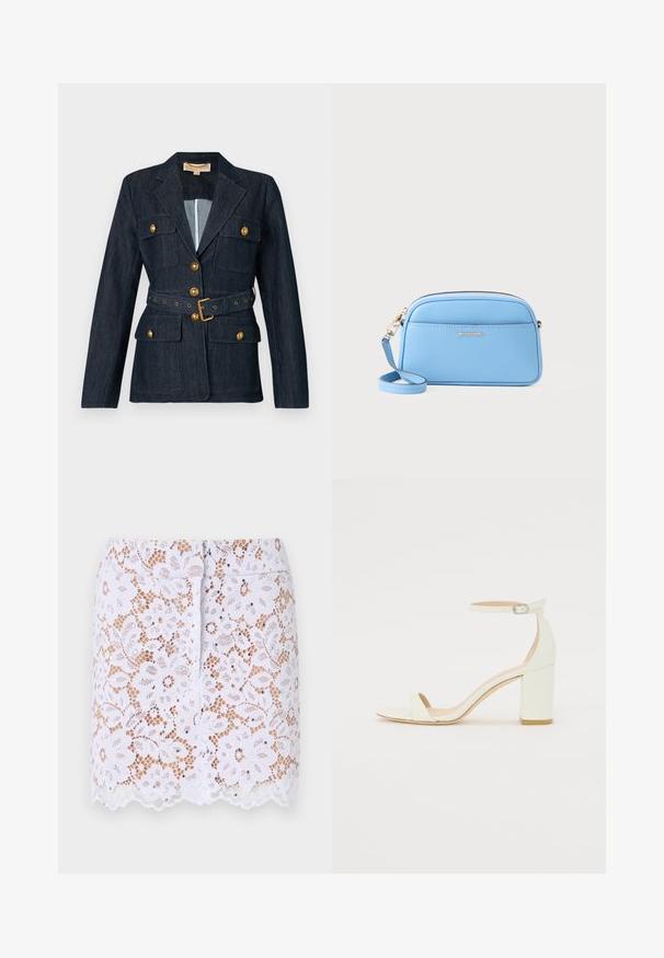 Dark denim blazer with gold buttons and belt, featuring four flap pockets and a notched collar.; Light blue short-sleeved knit top featuring vertical ribbed texture and a crew neckline. The fabric shows subtle detailing with a fitted hem.; White lace skirt with floral pattern, scalloped hem, and discreet embellishments. Features a fitted design and concealed back zipper.; White leather block-heel sandal featuring an ankle strap with a buckle and minimalist design. Open toe and smooth textures throughout.; Light blue leather crossbody bag with gold-tone hardware, zip closure, and a front pocket. Features an adjustable strap for convenience.