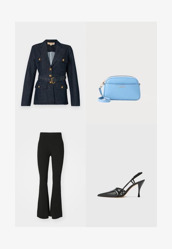 Donkere denim blazer met gouden knopen en riem, voorzien van vier klepzakken en een notch-kraag.; Witte cropped T-shirt van katoen, met korte mouwen en het "MICHAEL KORS" logo in bijpassende geborduurde tekst over de voorkant.; Zwarte flarepants van rekbare stof, met een hoge taille en een glad, onversierd oppervlak. Eenvoudig en aansluitend ontwerp.; Zwarte leren hoge hak slingback schoen met spitse neus, crisscross bandontwerp en slanke stilettohak. Smooth textuur en minimale accenten.; Lichtblauwe leren crossbody tas met goudkleurige hardware, ritsluiting en een voorvak. Voorzien van een verstelbare schouderband voor gemak.