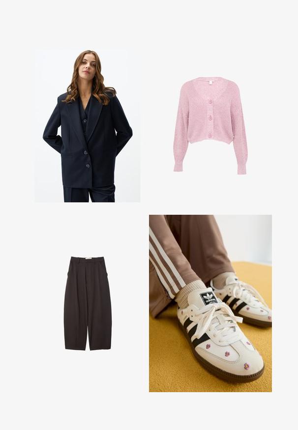 Granatowa marynarka w podwójnie zapiętym kroju, z ostrymi klapami i dwiema przednimi kieszeniami. Wykonana z gładkiego materiału, ozdobiona trzema dużymi guzikami.; Różowy krótki kardigan z dekoltem w serek, długimi rękawami i teksturowanym wzorem dzianiny, z czterema guzikami z przodu i ściągaczami przy mankietach.; Dwa długie topy z kołnierzem typu golf, jeden biały, a drugi czarny, wykonane z gładkiego, elastycznego materiału, oba o dopasowanym kroju i wysokich kołnierzach.; Czarne spodnie o szerokich nogawkach wykonane z gładkiego materiału, z wysokim stanem, plisami z przodu i bocznymi kieszeniami. Prosty fason bez zdobień.; Białe skórzane sneakersy z trzema czarnymi paskami i haftem w kwiaty w kolorze fioletowym i żółtym. Brązowa gumowa podeszwa. Połączone z beżowymi skarpetkami w prążki.