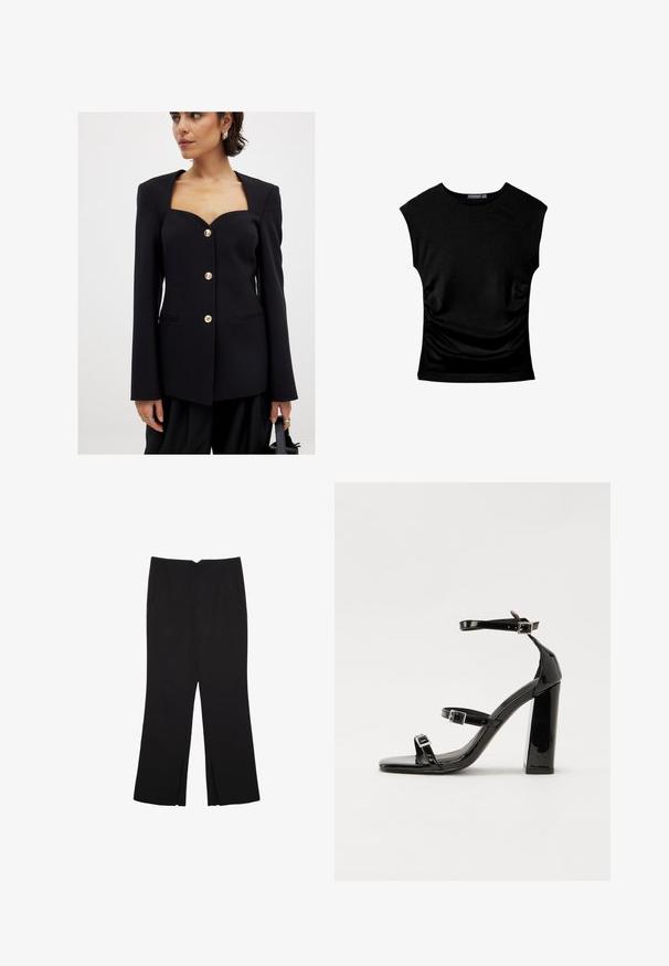 Czarna dopasowana marynarka o kwadratowym dekolcie, z długimi rękawami i złotymi ozdobnymi guzikami. Posiada dwie przednie kieszenie oraz gładką teksturę.; Czarny dopasowany top z krótkim rękawem, okrągłym dekoltem i delikatnym marszczeniem po obu stronach, położony na białym tle.; Czarne spodnie o prostym kroju, z przednimi kieszeniami i bocznymi rozcięciami na dole. Wykonane z miękkiego, gładkiego materiału. Odpowiednie na różne okazje.; Czarne lakierowane sandały na wysokim obcasie, z dwoma paskami zapinanymi na klamry, kwadratowy nosek i masywny obcas typu słupek, o gładkiej, błyszczącej fakturze.