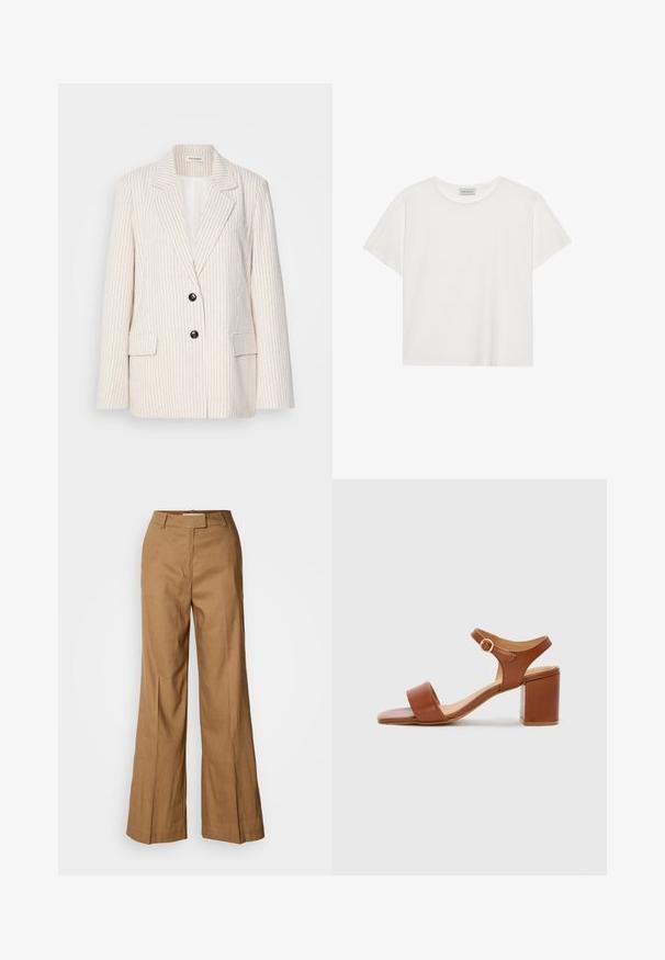 Sacou crema cu dungi verticale, rever ascuțite, două butoane negre și buzunare frontale. Material texturat cu o croială structurată.; Tricou alb cu mânecă scurtă, made din bumbac moale. Are un guler rotund și o croială lejeră. Design curat, fără modele sau accente vizibile.; Pantaloni largi maro, realizati dintr-un material usor. Prezintă un front plat, curea pentru centură și o siluetă tailată cu o tăietură până la glezne.; Sandale cu toc pătrat din piele maro, cu curea ajustabilă la gleznă și toc pătrat. Textură netedă și caracteristici de design minimale.