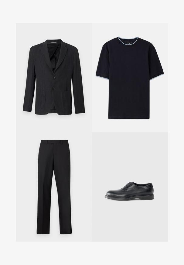 Tamsiai pilkas švarkas, pagamintas iš tekstūruotos medžiagos, su iškirptomis apykaklėmis, dviem priekinėmis kišenėmis ir dviem mygtukais. Vidus juodai išklotas.; Tamsiai mėlynas trumpas rankovės marškinėlis su apvalia iškirpte, su šviesiai mėlynu akcentu ant apykaklės ir rankovių. Pagamintas iš švelnaus medvilnės audinio.; Juodos, tiesios kojų kelnės iš lygaus audinio. Turi standartinę juosmens juostą ir neturi matomų raštų ar akcentų.; Juodas odinis batelis su tekstūriniu paviršiumi, apvaliu pirštu, penkiais akių skylėmis ir žemu pado profiliu. Yra subtilus logotipas ant kulno.