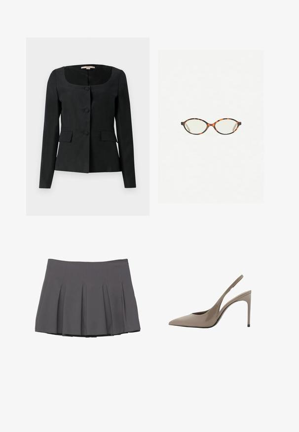 Crna krojena jakna s okruglim izrezom, dugim rukavima, tri prednja gumba i dva džepa s preklopom. Glatka tekstura, strukturirani kroj.; Skraćena bijela košulja s kopčanjem, uskim ovratnikom, dugim rukavima i glatkom teksturom. Ima prednji dio s dugmadi u skladu.; Siva plisirana suknja s glatkom teksturom, s umetcima od šivanja i uskim pojasom, koja se završava u sredini bedra.; Beige lakirane kožne cipele s visokom potpeticom i otvorenom petom, s oštrim vrhom i elegantnim dizajnom, koje imaju tanku visoku potpeticu i izrez na bočnoj strani.; Naočale u boji kornjače s ovalnim staklima i elegantnim, glatkim završetkom. Imaju tanke strane s suptilnom krivuljom na sljepoočnicama. Prozirna stakla.