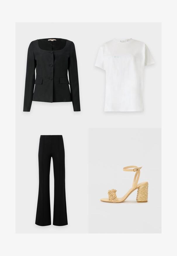 Črno krojena jakna s zaobljenim ovratnikom, dolgimi rokavi, tremi sprednjimi gumbi in dvema žepoma s poklopcem. Gladka tekstura, strukturirana silhueta.; Bela bombažna majica s kratkimi rokavi in okroglim izrezom, ki na prsih nosi besedo "INTROSPEKCIJA" v svetlo modri barvi.; Črne krilate hlače z visokim pasom, izdelane iz raztegljive tkanine. Imajo vertikalne šive na sprednji strani in gladko teksturo.; Beige sandala na visokom potplatu s pletenom teksturom, s dekorativnim cvijetom i remenom oko gležnja. Kvadratna peta osigurava stabilnost.