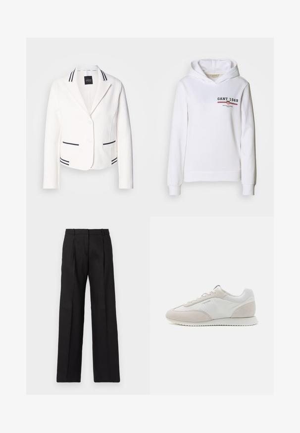 Weißer, taillierter Blazer mit Reverskragen, zwei schwarz gestreiften Taschen und passendem Besatz. Verfügbar mit zwei Knöpfen und einer glatten Textur.; Weißer Hoodie aus weichem Stoff, mit einem Frontlogo "GANT 1949" und rot/blauen Streifenakzenten, langen Ärmeln und einer Kapuze mit Kordelzug.; Schwarze maßgeschneiderte Hosen mit geradem Bein, ausgestattet mit scharfen Falten und einer glatten Textur. Aus einem leichten Stoff gefertigt.; Helle Sneaker aus einer Kombination von weißem Leder und beigem Wildleder, mit einer strukturierten Sohle und minimaler Markenkennzeichnung an der Seite.