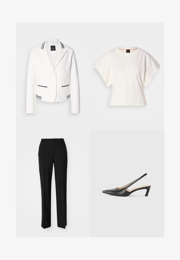 Blazer blanc court avec un revers cranté, deux poches à rayures noires et des finitions assorties. Présente deux boutons et une texture lisse.; T-shirt blanc cintré, manches courtes et larges, en coton doux, décolleté rond avec une discrète bordure orange, design minimaliste, sans motifs ni graphiques.; Pantalon noir ajusté avec une coupe droite, présentant une texture lisse et des plis nets sur le devant. Aucune quincaillerie visible.; Slingback noir à bout pointu avec un petit talon, en cuir lisse et doté d'un design découpé sur le côté pour plus de respirabilité.