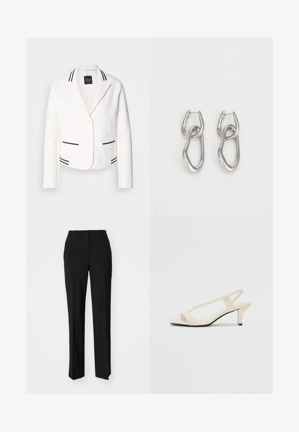 Blazer bianco corto con rever a punta, due tasche a strisce nere e dettagli abbinati. Presenta due bottoni e una texture liscia.; T-shirt bianca cropped, maniche corte e larghe, tessuto di cotone morbido, scollatura rotonda con bordino arancione sottile, design minimale, senza motivi o grafiche.; Pantaloni neri su misura con un design a gamba dritta, caratterizzati da una texture liscia e pieghe ben definite sul davanti. Senza hardware visibile.; Sandali con tacco a blocco beige, con sottili cinturini e punta quadrata. Materiale liscio con dettagli minimi, progettati per un facile utilizzo.; Calvin Klein STATEMENT LINKS - Orecchini - silver-coloured