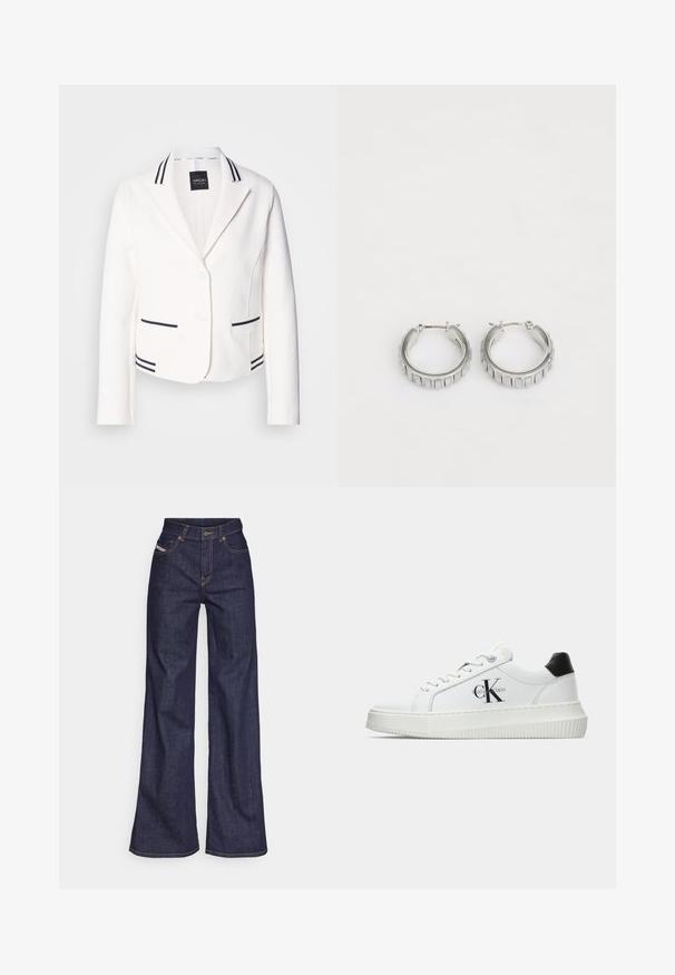 Blazer blanc court avec un revers cranté, deux poches à rayures noires et des finitions assorties. Présente deux boutons et une texture lisse.; T-shirt blanc à manches courtes en coton. Il présente un col rond et une texture lisse, avec des coutures minimales visibles à l'ourlet.; Jeans ample bleu foncé en denim avec taille haute, ornés de surpiqûres orange, d'un design à cinq poches et d'une fermeture à bouton.; Baskets basses blanches avec un tab de talon noir, semelle plateforme, lacets et logo "CK" de Calvin Klein sur le côté.; Boucles d'oreilles en argent en forme de créole avec un design texturé comportant des rayures verticales. Forme circulaire avec un fermoir à attache sécurisée. Fini lisse.