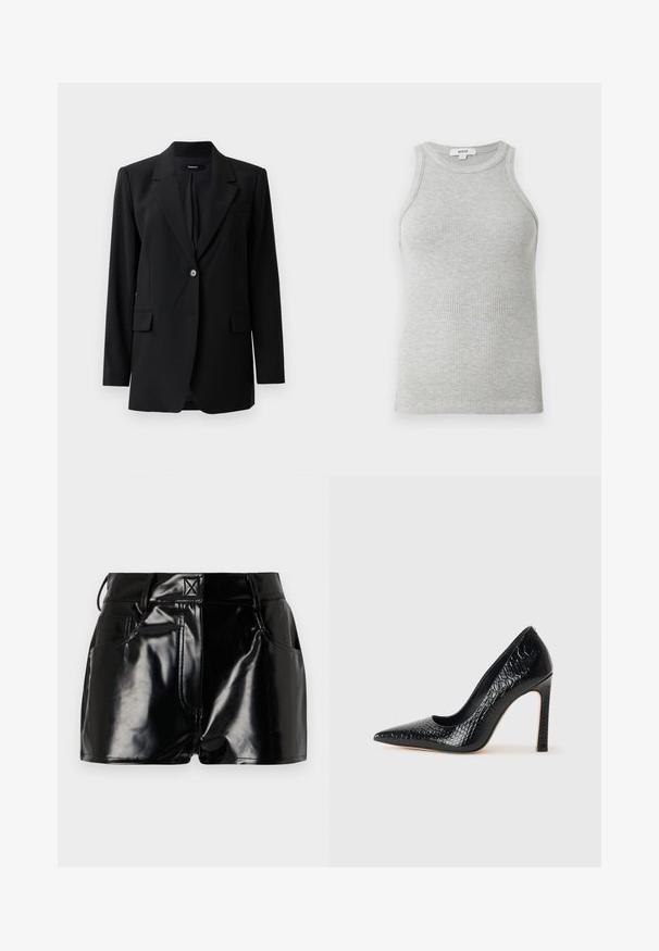 Černý blazer s klopovými límci, zapínání na jeden knoflík, dvě přední kapsy a jemnou texturou. Přizpůsobený střih vhodný pro formální nošení.; Šedý proužkovaný top bez rukávů s přiléhavým střihem, širokými průramky a zaobleným výstřihem. Vyrobeno z měkké bavlny s hladkou texturou.; Černé lesklé kraťasy vyrobené z umělého materiálu. Obsahují přiléhavý pas, poutka na opasek a přední kapsy s výraznými švy.; Černý lodičkový bot s špičatou špičkou, pokrytý texturou krokodýlí kůže, s elegantním designem, vysokým stiletto podpatkem a hladkým černým interiérem.