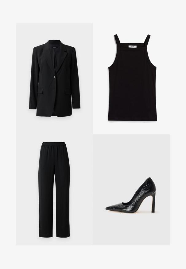 Juodas švarkas su įpjovimu ant atlapų, vieno mygtuko užsegimu, dviem priekinėmis kišenėmis ir subtilia tekstūra. Tinkama formaliam dėvėjimui pritaikyta pritaikyta forma.; Juodas topas su plonais spaghetti petnešomis, pagamintas iš rausvos medžiagos, turintis tiesų kirpimą ir etiketę prie iškirpės, ant kurios parašyta "IVY OAK."; Juodos plačios kojinės kelnės, pagamintos iš lygaus audinio su elastinga juosmeniu. Turi tiesų kirpimą ir minimalų detalizavimą. Tinka kasdieniam dėvėjimui.; Juoda smailiakulnė aukšto kulno bateliai su krokodilo odos tekstūra, pasižymintys elegantišku dizainu, aukštu stiletu kulnu ir lygia juoda vidine dalimi.