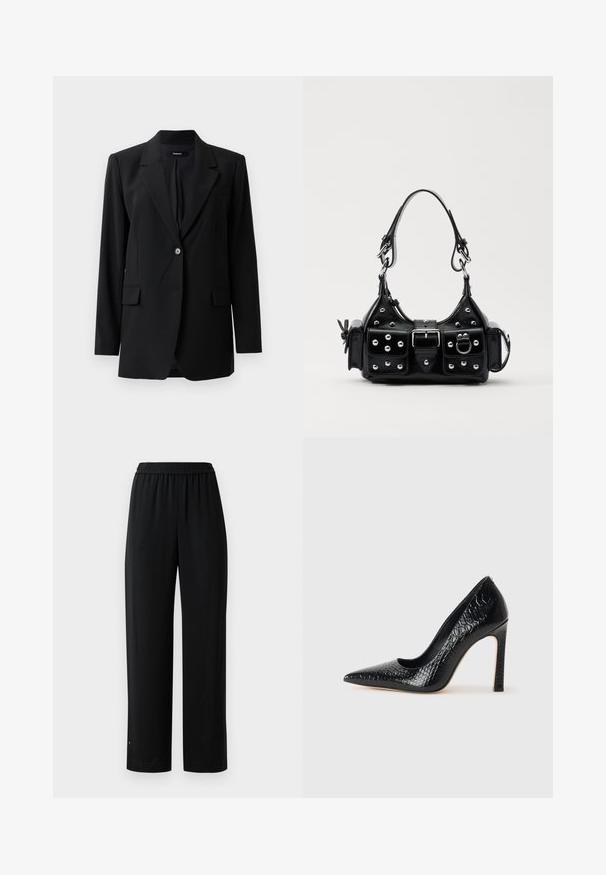 Mustassa bleiserissä on leikattu kaulus, nappikiinnitys, kaksi etutaskua ja hienovarainen tekstuuri. Istuvuus on muotopukujen vaatimukset täyttävä, joten se sopii virallisiin tilaisuuksiin.; Valkoinen lyhythihainen t-paita, joka on valmistettu ribbytedusta kankaasta. Pyöreä pääntiie, normaali istuvuus ja hienovaraiset ompeluyksityiskohdat. Ei kuvioita tai grafiikkaa.; Mustat leveälahkeiset housut, jotka on valmistettu sileästä kankaasta ja joissa on joustava vyötärö. Ominaisuuksina suora leikkaus ja minimaalinen viimeistely. Sopii arkivaatteeksi.; Musta kapea nilkkakorkokenkä krokotiilin nahkakuviolla, joka on varustettu tyylikkäällä muotoilulla, korkealla stiletto-korkealla ja sileällä mustalla sisäosalla.; Musta nahkainen käsilaukku, jossa on kaareva muotoilu, hopeiset niitit, solki ja kaksi sivutaskua. Säädettävä olkahihna erilaisiin kantovaihtoehtoihin.