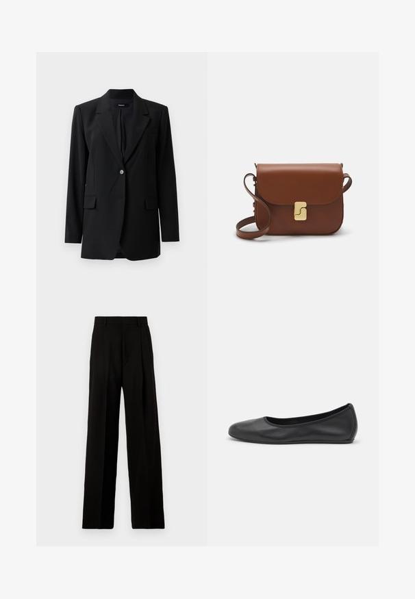 Juodas švarkas su įpjovimu ant atlapų, vieno mygtuko užsegimu, dviem priekinėmis kišenėmis ir subtilia tekstūra. Tinkama formaliam dėvėjimui pritaikyta pritaikyta forma.; Balta trumpa rankovėmis marškinėliai, pagaminti iš pasiruošusio audinio. Apvali iškirptė, reguliari tinkamumas ir subtilūs siuvimo detalės. Be raštų ar grafikos.; Juodos plačios kojos kelnės, pagamintos iš lygaus audinio, su aukštu liemeniu, priekinėmis raukšlėmis ir švaria, pritaikyta forma be papuošimų.; Juodai odiniai baletai su apvaliu pirštu, lygi texture, minimalus siuvimo detales ir lanksčiu padų dizainu.; Ruda odinė rankinė su uždaromu dangteliu, aukso spalvos detalėmis, petneša ir lygiu paviršiumi. Kompaktiška stačiakampio formos.