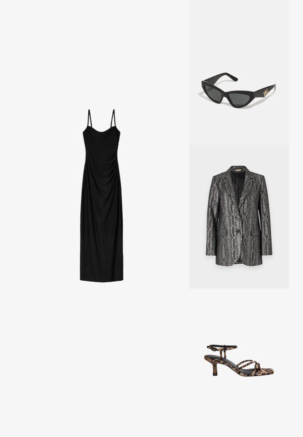 Mustavalkoinen teksturoitu bleiseri, jossa on lovettu kaulus, kaksi nappia ja etupocketit. Materiaalissa on metallinen kiilto ja abstrakti kuvio.; Mustat midi-mekko, jossa on ohuet säädettävät olkaimet. Mekossa on liehuva muotoilu ja sileä pinta. Ei näkyviä kuvioita tai koristeluja.; Naiskahva leopardikuosiset korkokengät, joissa on neliönmuotoinen kärki, useita remmejä ja keskipitkä korko. Valmistettu pehmeästä tekstiilimateriaalista.; Aurinkolasit kissansilmällä, joissa on matta musta muovikehys, tummat linssit ja kultainen logokiinnitys temppeleissä. Kulmikas muotoilu ja sileä pinta.; Ruskea nahkainen olkalaukku, jossa on logokuvio, kultaketjuolkaint, vetoketjukiinnitys ja kultaiset metalliosat. Kompakti ja suorakulmainen muoto.