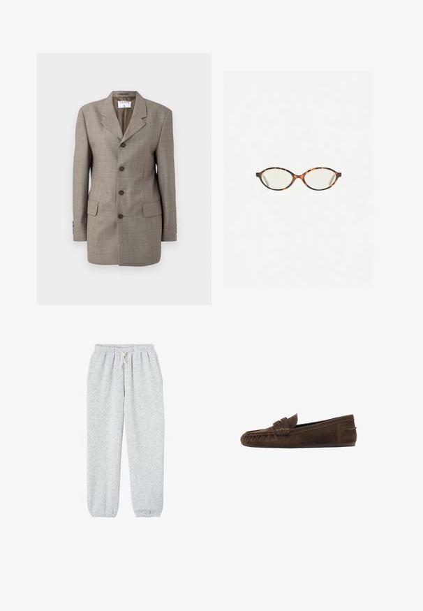 Blazer à carreaux marron avec un design à boutonnage simple, des revers crantés, cinq boutons et deux poches avant. Texture lisse avec coupe ajustée.; Pull gris clair à manches longues en matériau doux et duveteux, avec un col rond et une coupe décontractée. Aucune motif ni élément visible.; Pantalons de survêtement gris en tissu doux, avec une taille élastique dotée d'un cordon de serrage et des poignet élastiques aux chevilles.; Mocassins en daim marron avec une tige texturée, ornés d'un accent tressé et d'une semelle plate, conçus pour un confort décontracté et une facilité de port.; Lunettes en écaille de tortue avec des verres ovales et une finition lisse et élégante. Présente des branches fines avec une courbure subtile au niveau des tempes. Verres transparents.