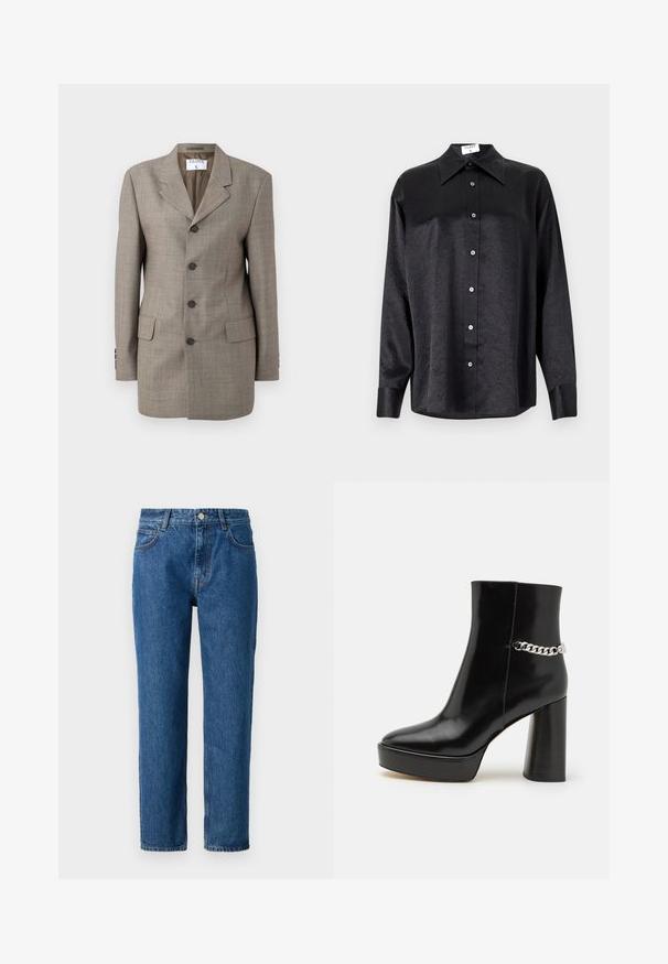 Hnedá károvaná sako s jednoradovým zapínaním, klopovými goliermi, piatimi gombíkmi a dvoma prednými vreckami. Hladká textúra s priliehavým strihom.; Čierna košeľa s dlhým rukávom a golierom, s pokrčenou textúrou, plne gombíkovou prednou časťou a manžetami. Vyrobená z hladkého materiálu.; Modré denimmové džínsy so strihom s rovnými nohavicami, vybavené zapínaním na gombík, pútkami na opasok a prednými vreckami. Vyrobené z texturovanej bavlnenej tkaniny.; Čierne lakované členkové topánky s hrubou platformou a vysokým blokovým podpätkom. Na boku sa nachádza strieborný reťazový doplnok. Hladká textúra.