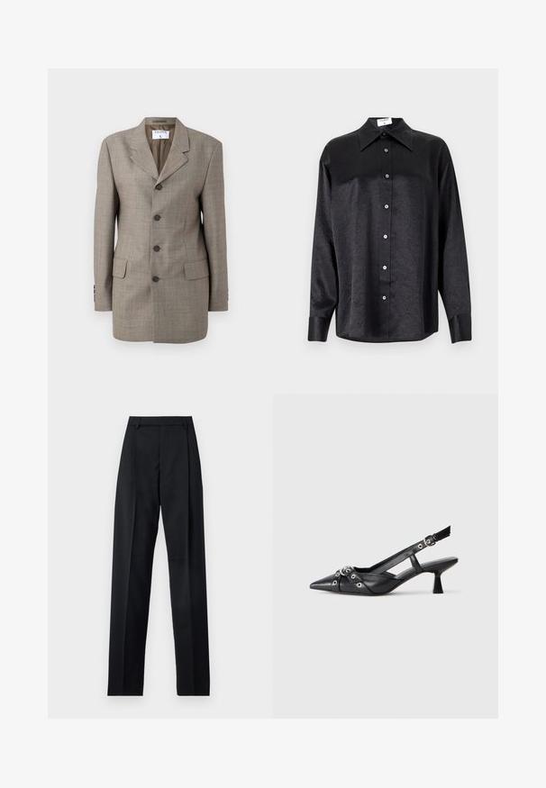 Brauner kariierter Blazer mit einreihigem Design, Reverskragen, fünf Knöpfen und zwei Fronttaschen. Glatte Textur mit taillierter Passform.; Schwarzes Langarmhemd mit kragenförmigem Halsausschnitt, mit einem zerknitterten Textur, voller Knopfleiste und Manschetten. Hergestellt aus einem glatten Stoff.; Schwarze Hosen aus glattem Stoff mit hoher Taille, weitem Bein, vorderen Falten und klassischen Gürtelschlaufen. Keine sichtbaren Seitentaschen.; Schwarzer Leder-Slingback-Schuh mit spitz zulaufender Zehenpartie, dekorativen Riemen mit METALLÖSEN und niedrigem Blockabsatz. Strukturelle Oberfläche.