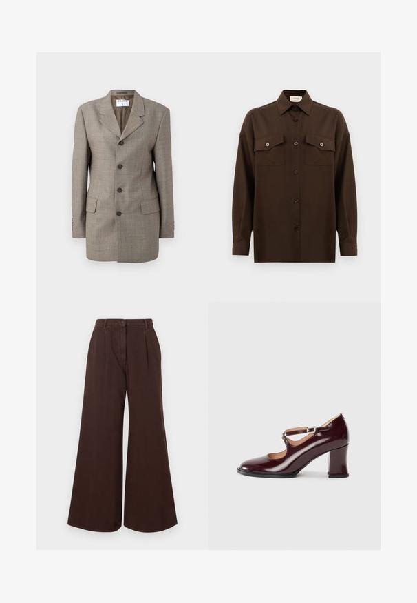 Blazer a quadri marrone con design a un bottone, rever a punta, cinque bottoni e due tasche frontali. Texture liscia con vestibilità su misura.; Camicia marrone scuro a maniche lunghe con bottoni, dotata di due tasche a pattina sul petto e colletto classico, mostrata su uno sfondo bianco uniforme.; Pantaloni brown a vita alta e gamba larga con chiusura a bottoni e cerniera, passanti per cintura e pieghe frontali.; Tacco in pelle verniciata bordeaux con punta arrotondata, caratterizzato da una cinghia e una fibbia sulla parte anteriore, e un tacco a blocco robusto.