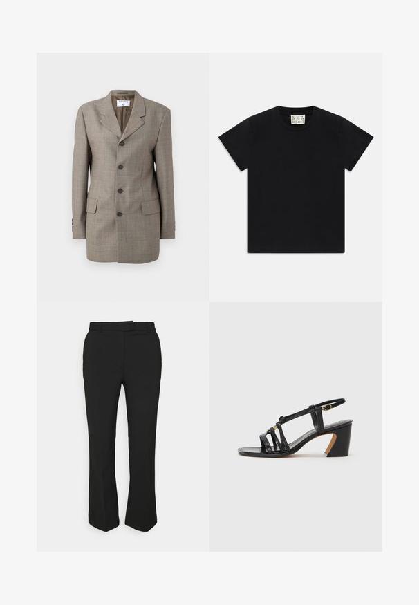 Ruskea ruudullinen bleiseri, jossa on yksinkertainen nappirivistö, harkotetut kaulukset, viisi nappia ja kaksi etutaskua. Sileä pinta ja istuva leikkaus.; Musta lyhythihainen pyöreäkauluksinen t-paita, jonka sisäkauluksessa on valkoinen etiketti, jossa lukee "D.R.C. EST. 2002" valkoista taustaa vasten.; Musta räätälöity housut suoran lahkeen muotoilulla, joissa on vyölenkit ja sivutaskut. Valmistettu sileästä kankaasta, jossa on siisti viimeistely.; Paul Smith AMIRA - Avokkaat - black