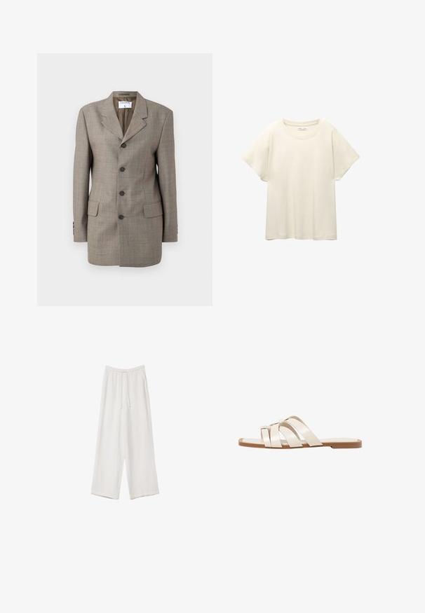 Brown plaid blazer with a single-breasted design, notched lapels, five buttons, and two front pockets. Smooth texture with tailored fit.; Light beige short-sleeve t-shirt with a round neckline, made of soft, smooth fabric. Features a relaxed fit and straight hemline.; White wide-leg trousers made from a lightweight fabric. Features an elastic waistband with a drawstring and side pockets. Smooth texture.; Flat sandals with a tan rubber sole, designed with three overlapping white leather straps and a small bow detail at the center.