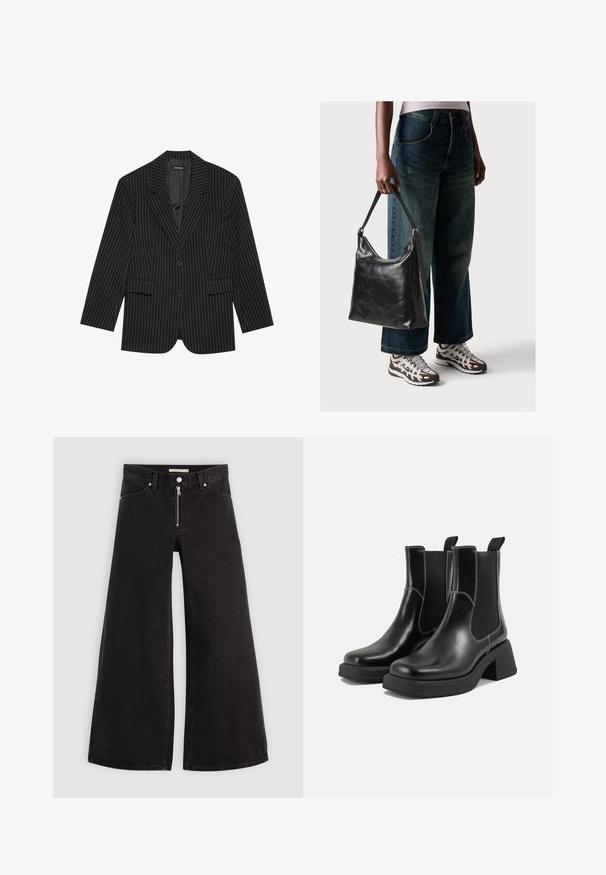 Melna pinstripe žakete ar sagatavotu atloku, vienu pogu, divām priekšējām kabatām un nedaudz pārliecīgu piegriezumu. Gluda, pielāgota auduma.; Melna īsām piedurknēm T-kreklā, ar apaļu izgriezumu, izgatavots no gludas kokvilnas auduma; brīva piegriešana, minimāls dizains, bez redzamām rakstu vai akcentu detaļām.; Platas kājas džinsi melnā džinsa audumā ar rāvējslēdzēju priekšā, piecu kabatu dizains un smalkas šuvju detaļas. Gluda tekstūra un ikdienišķs stils.; Melni ādas Čelsijas zābaki ar masīvu papēdi, elastīgām sānu panelēm un kontrastējošu balto šuvumu. Teksturēts apdare.; Melna ādas pleca soma ar gludu tekstūru un regulējamu siksnu, saskaņota ar izbalējušām platām biksēm un sportiskām kedām.